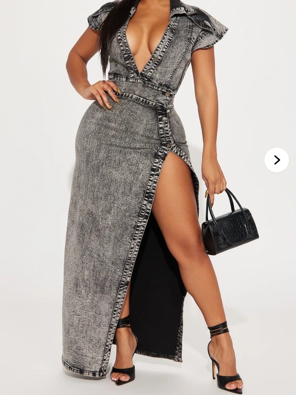 Large - Sleeve Detail Deep V High-Slit Remember Me Maxi Denim Dress - Gray